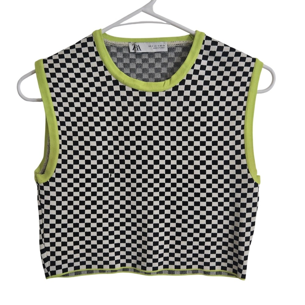 Zara Checkerboard Crop Tank Top Womens Small Neon Green Emily in Paris